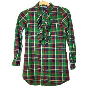 Ralph Lauren Plaid Ruffle Button Front Shirt Dress Long Sleeve Roll Tab Girls 10